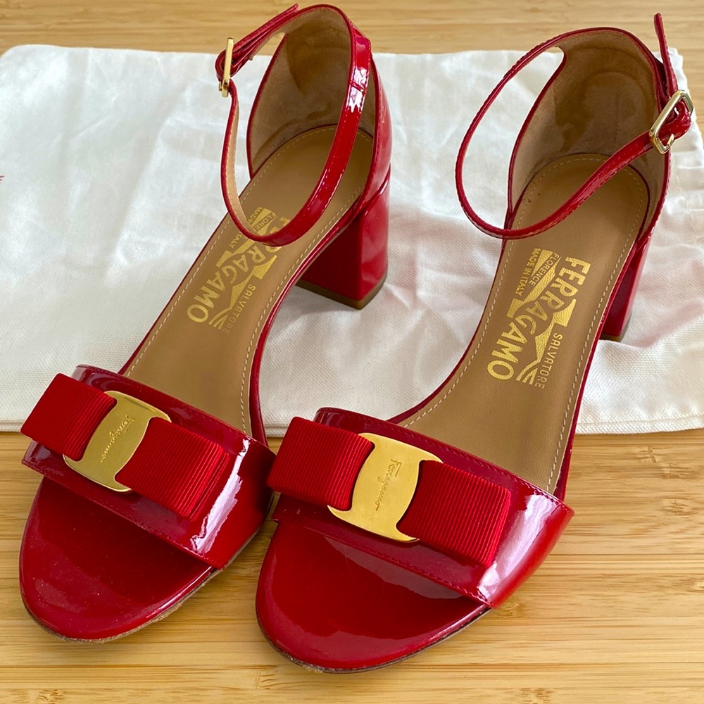 Salvatore Ferragamo Sandals Red Patent Leather Size 5 1/2 USA